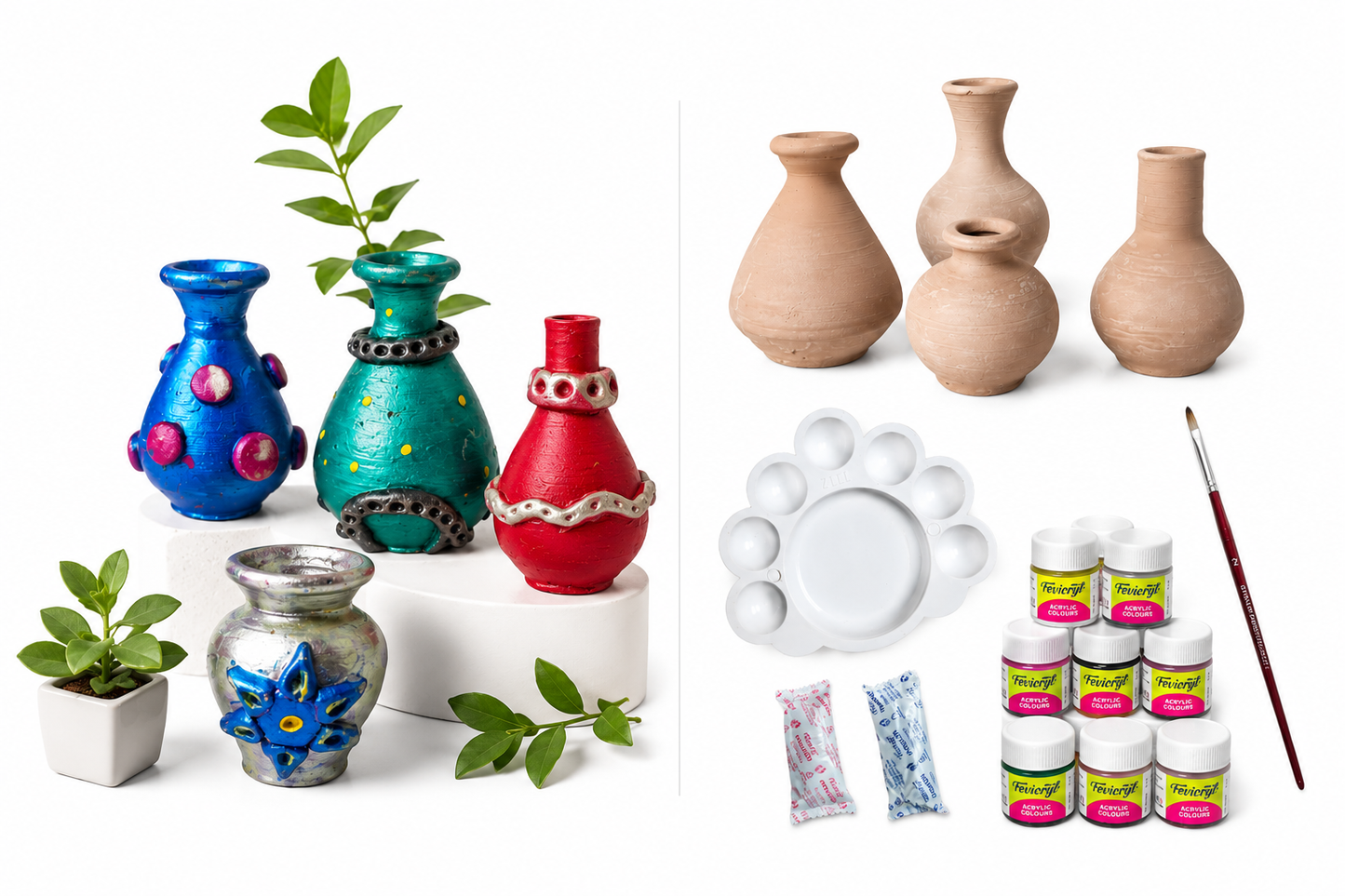 Terracotta DIY Kit, Paintable Mini Pots with Acrylic Colours, Clay, Paint Palette and Brush, Perfect for Kids and Adults